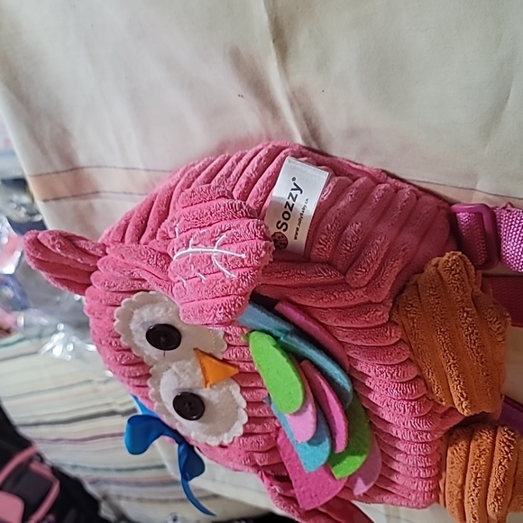 ADORABLE SOZZY- JOLLYBABY PINK CHENILLE OWL BACKPACK- 9 X 9 X 3 - Picture 2 of 9